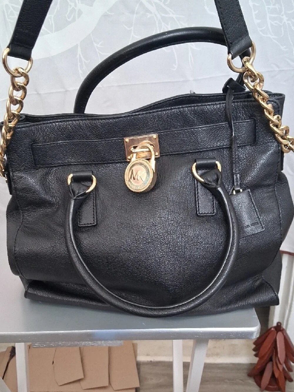 Michael Kors Black  Largr Hamilton  Leather Satchel with Gold-Tone Chain Detail